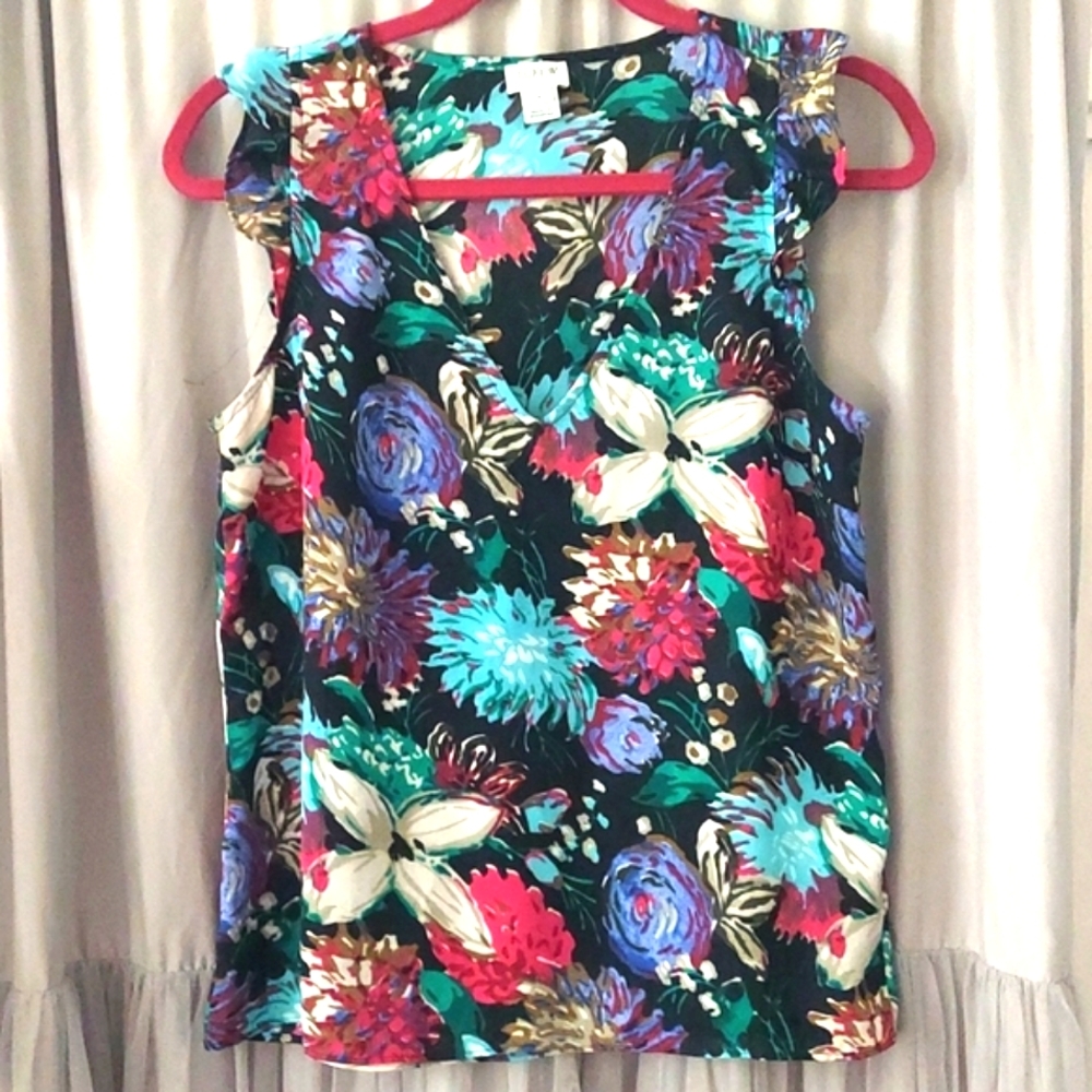 J. Crew Top V Neck Black Floral Ruffled Cap Sleeve Blouse Chiffon Sz 4
